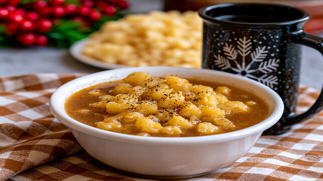 Bowl of hearty hot hominy stew with spices vegetable homemade nutrition