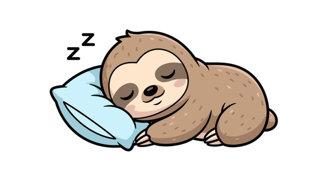 Cute chibi sloth sleeping on a light blue pillow vector illustration. Cartoon animal character with closed eyes and pink cheeks resting on a cushion isolated on white background.