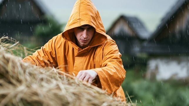 Enduring rain, the farmer works with hay in an orange hooded raincoat, amid rustic buildings and a soft rural landscape