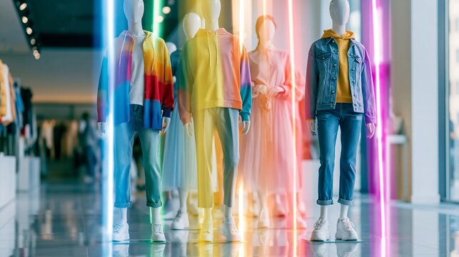 Mannequins displaying vivid fashion trends and modern style in a retail store, illuminated by striking rainbow neon lights