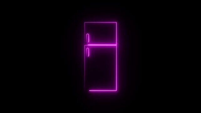 Minimalist line art depicting a standard top-freezer refrigerator layout. Neon light effect 