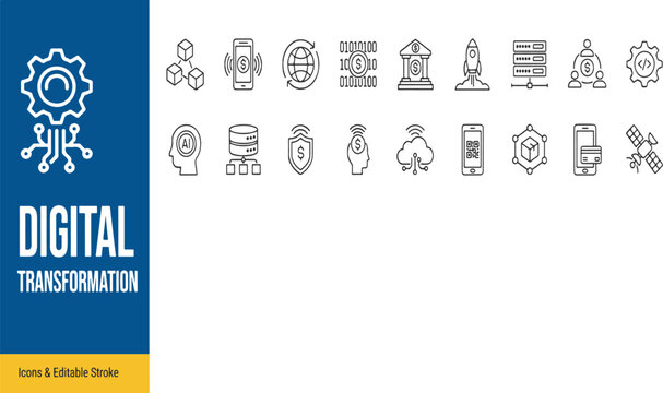 Digital transformation technology and data infrastructure icon set featuring modern connectivity and systems symbols transformation technology connectivity