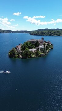 Aerial drone view of Isola San Giulio on Lake Orta, Piedmont, Italy	