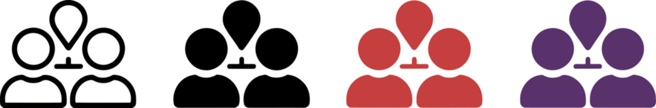 Set of people location icons, group of people with map pin marker, user location symbol