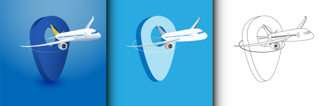 Airplane flying through location pin icon, travel and tourism concept 3d vector illustration. global travel, flight tracking, tourism, vacation planning, and aviation logistics.