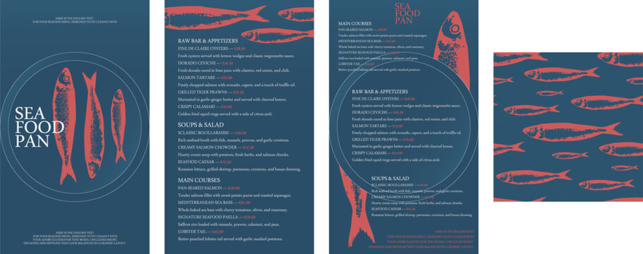Seafood Restaurant menu template with seamless pattern set. Fish illustration minimalist layout, anchovy Ocean sea fish cuisine card background branding design