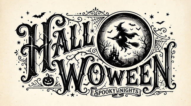 Vintage halloween typography design with witch on broomstick, halloween
