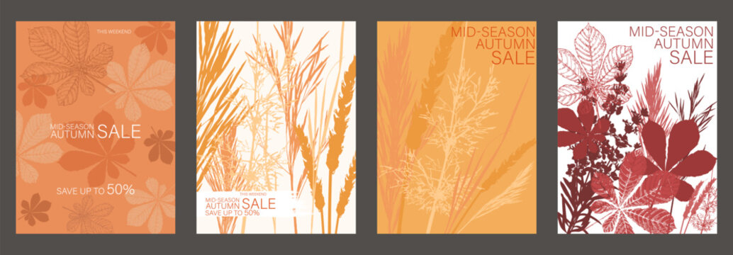 Autumn Sale background, banner, flyer. Hello Fall posters card frame typography design with leaves and plants. Set Template for advertising, web, social media, web
