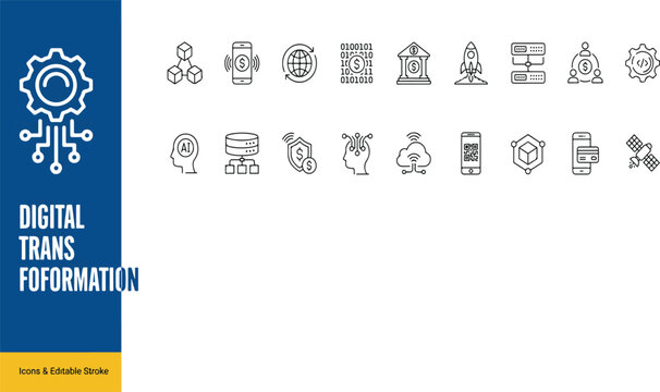 Digital transformation business concept icons set with transformation technology business innovation management automation strategy modernization