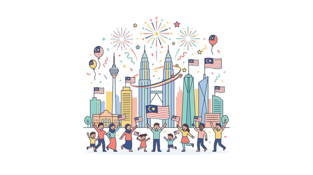 Malaysia National Day Celebration: Diverse People Cheering with Flags and Fireworks Over City Skyline