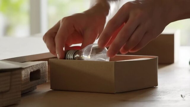 Hands gently placing clear light bulb into cardboard box beside window, with soft natural light, careful unpacking, packing demonstration, home organization and product handling