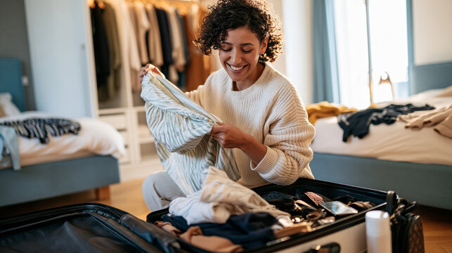 Photorealistic candid lifestyle scene of a young woman kneeling beside an open suitcase on her bedroom floor carefully folding and packing clothes, holding up a dress against herse