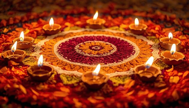 Diwali celebration traditional rangoli design with glowing clay oil lamps, vibrant colors, and festive decorations for Indian Hindu festival of lights.