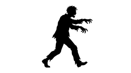 Obraz premium A zombie silhouette with ragged clothing and outstretched clawed hands is depicted walking forward in a side profile view.