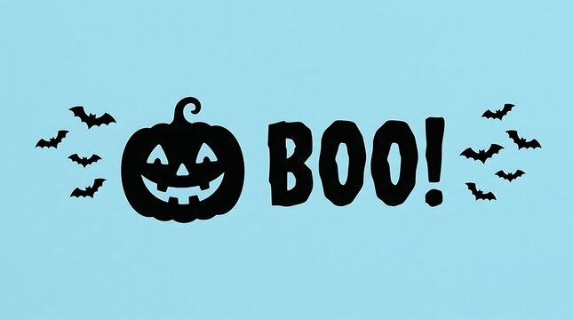Halloween boo text graphic with cute jack-o-lantern and flying bat silhouettes