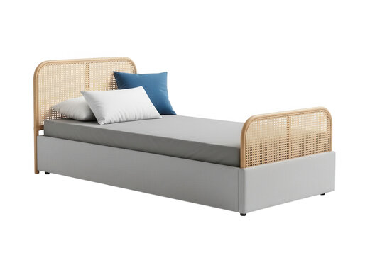 Modern single bed with rattan headboard and blue pillow isolated on a clean white background for interior design isolated on transparent background