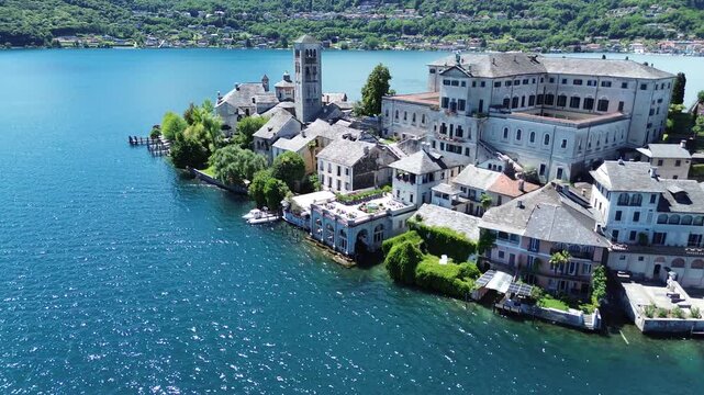 Aerial drone view of Isola San Giulio on Lake Orta, Piedmont, Italy	