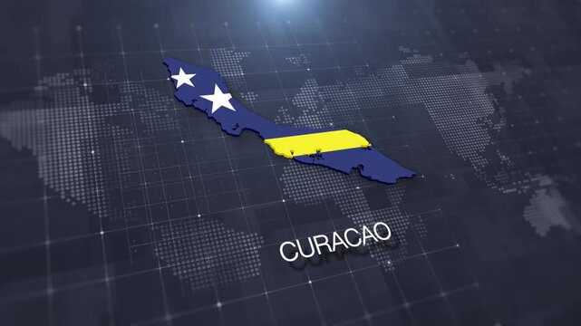Curacao map with national flag on digital world map background, geographic border, global political and international news concept