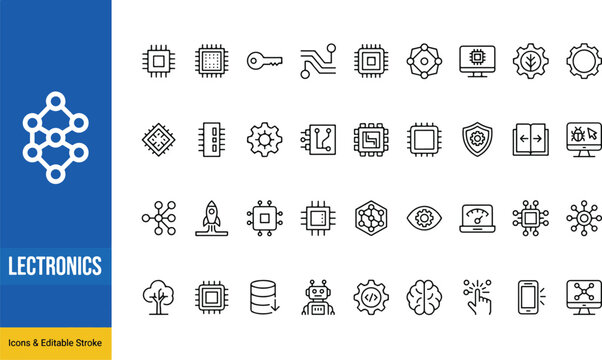 Microchip and advanced electronics component line icon pack for tech design with electronics microchip technology processor hardware engineering component