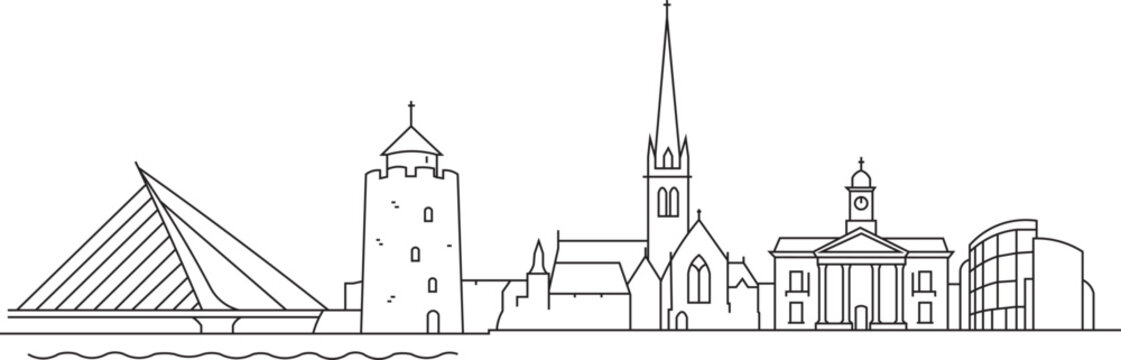 Simple line art shows a Waterford city skyline
