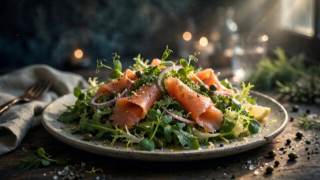 Leaf vegetable salad with smoked salmon