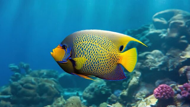 Vibrant yellow and blue angelfish swims amidst coral reef