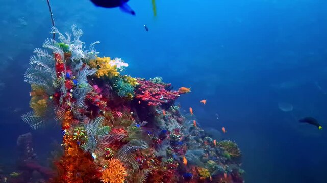 View of a vibrant coral reef ecosystem teeming with colorful soft corals and tropical fish in the clear blue waters of Bali, Indonesia.