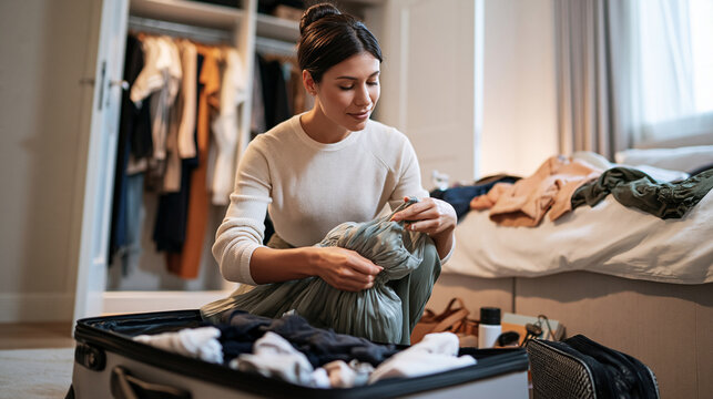 Photorealistic candid lifestyle scene of a young woman kneeling beside an open suitcase on her bedroom floor carefully folding and packing clothes, holding up a dress against herse