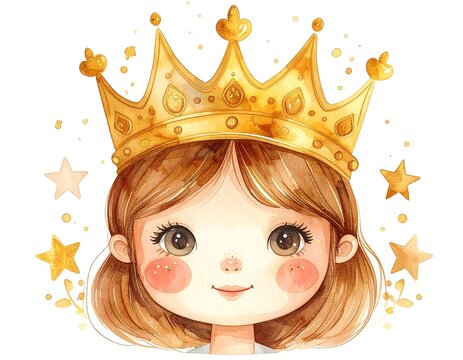 Cute watercolor princess face wearing a golden crown, soft gold and blush tones, isolated