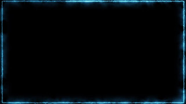 Glowing cyan energy frame visual black center space, electric edge texture, and cinematic digital border. Perfect for title cards, streamer overlays, sci fi screens, and motion graphic templates.