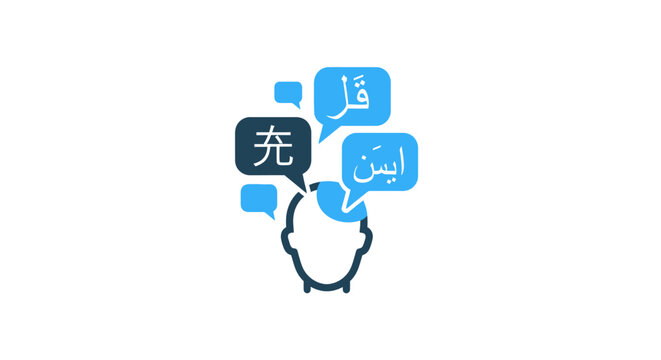 Multilingual speech bubbles in head.
