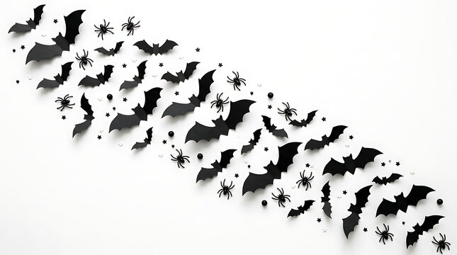 Black paper bats and spiders decorative pattern isolated on white background