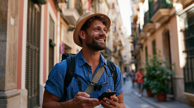 Photorealistic candid lifestyle scene of a male traveler getting completely lost on a narrow winding foreign city street, looking at his phone map with a baffled expression and the