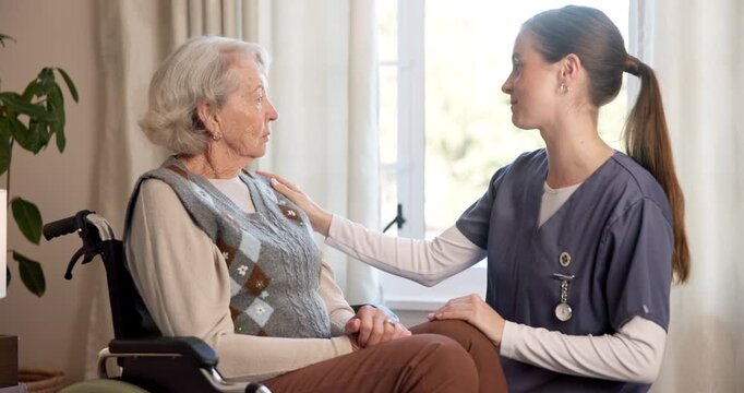 Nurse, chat and comfort for old woman in wheelchair, assisted living and support for senior patient. Nursing home, caregiver and sympathy for elderly person with disability, happy and discussion