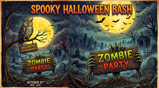 Spooky halloween bash invitation featuring zombie party sign and full moon
