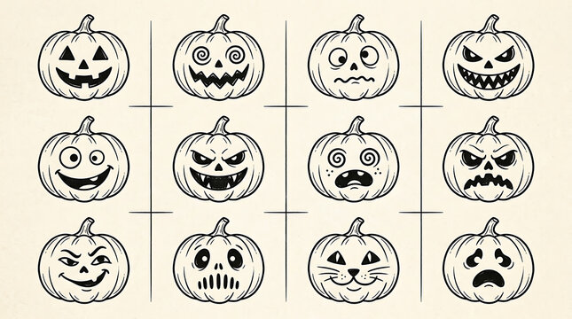 Hand drawn spooky halloween pumpkin faces collection on light background