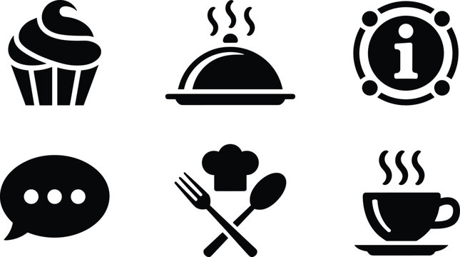 Restaurant and food service glyph icons set featuring cupcake, serving tray, information, coffee, chef hat, cutlery, chat and dining vector collection