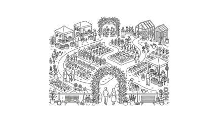 Fototapeta premium Community Garden Scene Line Art Illustration