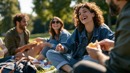 Obraz premium Photorealistic candid lifestyle scene of a female traveler being spontaneously invited to join a local family picnic in a public park, sitting cross-legged on the edge of their pic