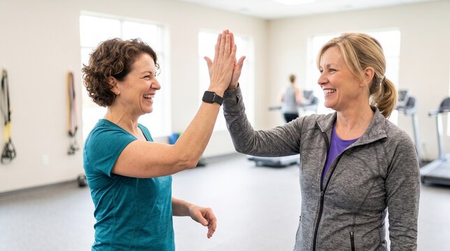 Two women celebrating a fitness achievement with a high five in a gym