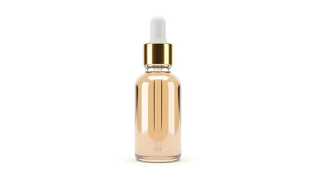 Glass dropper bottle containing a golden cosmetic serum against a white background.