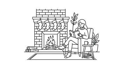 Fototapeta premium Woman Reading by Fireplace Outline Vector Illustration