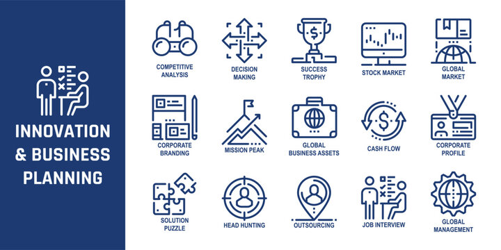 A collection of professional line art icons representing business strategy, management, and corporate innovation.