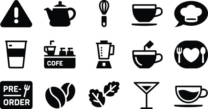 Coffee shop and restaurant glyph icons set featuring coffee, teapot, blender, cocktail, preorder, caf&eacute;, dining, chef and food service vector collection