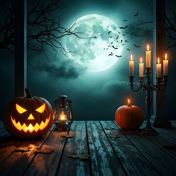 Spooky halloween wooden porch deck with glowing jack o lantern candelabra and silhouettes of flying bats under big full moon Happy Halloween