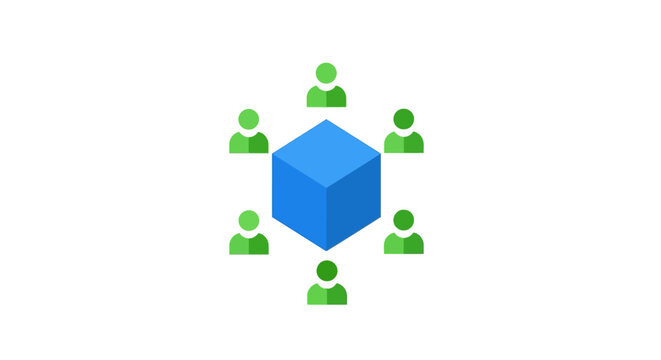 Blue cube with green people icons.