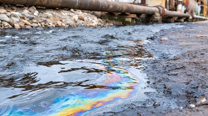 Obraz premium Oil slick spreading across industrial water, rainbow sheen reflecting environmental pollution and contamination