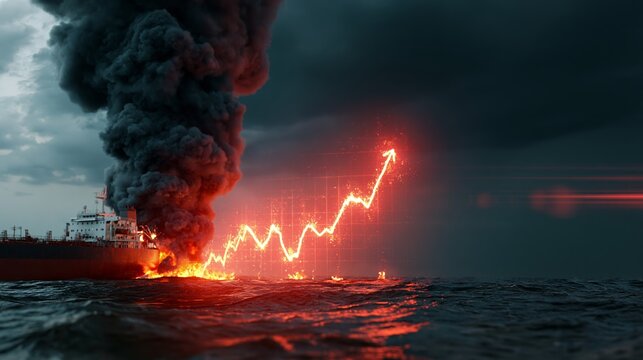 Oil tanker burning with market growth chart rising, symbolizing paradox of financial rally amid disaster