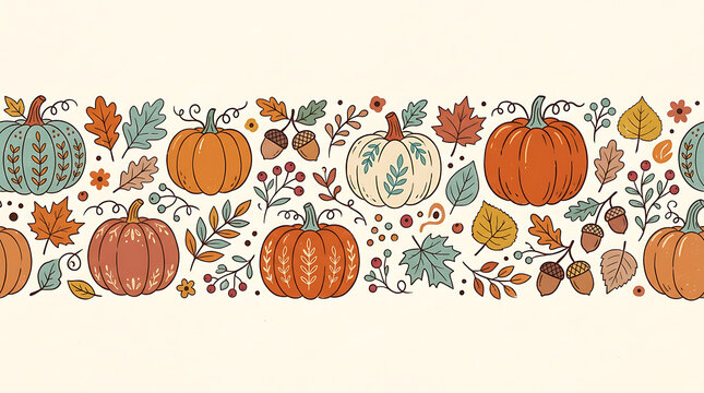 Autumn harvest border with pumpkins leaves and acorns seasonal thanksgiving