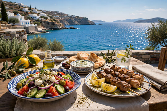 Greek food concept with farmers salad and souvlaki skewers in front of the sparkling, blue Aegean sea during summer time